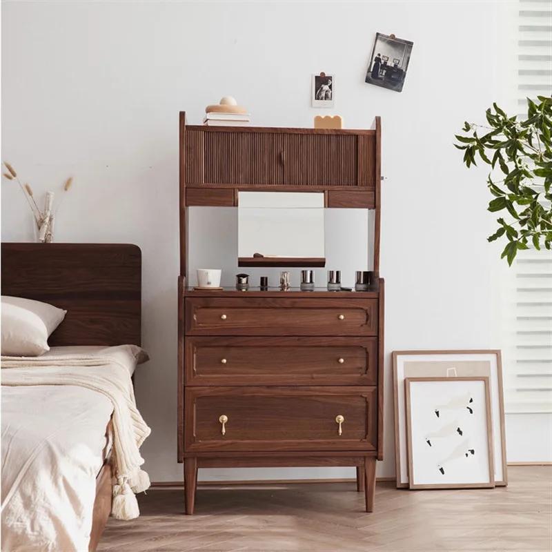 Mesa de maquiagem nórdica medieval, personalizável, nogueira preta, quarto, moderno, madeira de cerejeira, armário de armazenamento de parede integrado