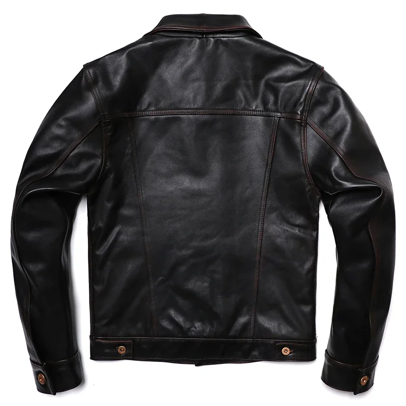 2025 New Vintage Leather Jacket Men\'s Classic 506 Denim Coat Tea Core Horsehide Genuine Natural Leather Clothes Slim Jackets