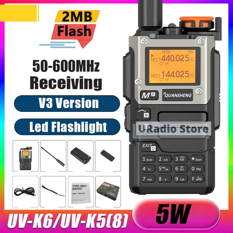 

QUANSHENG UV-K5(8) Walkie Talkie Версия V3 UV-K6 2 МБ памяти 50-600 МГц Air Band 5 Вт двустороннее радио Type-C Беспроводная частота копирования