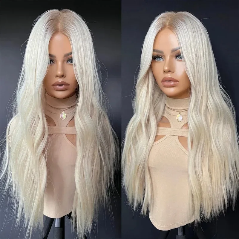 Loose Wave Ombre White Blonde with Short Roots Lace Top Wig For White Women Synthetic Premium Fibre Heat Resistant Party Wig