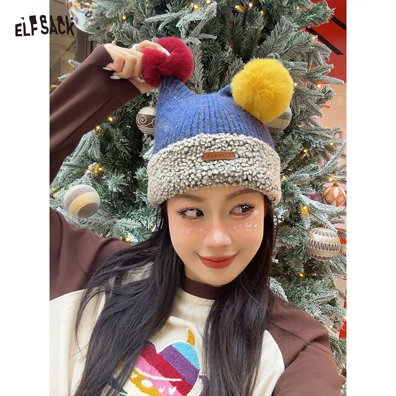 

ELFSACK милая клоунная красочная теплая вязаная шапка с помпоном для женщин