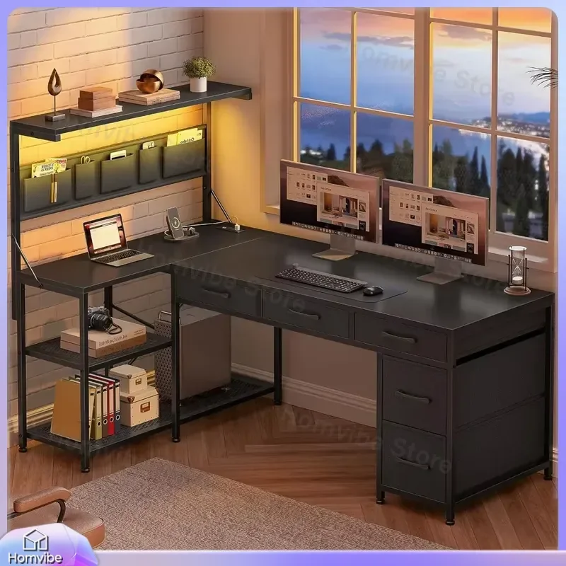 L Shaped Gaming Desk with 5 Drawers Storage Shelves Reversible Computer Desk Bookshelf Home Office Desk Ergonomic Adjustable