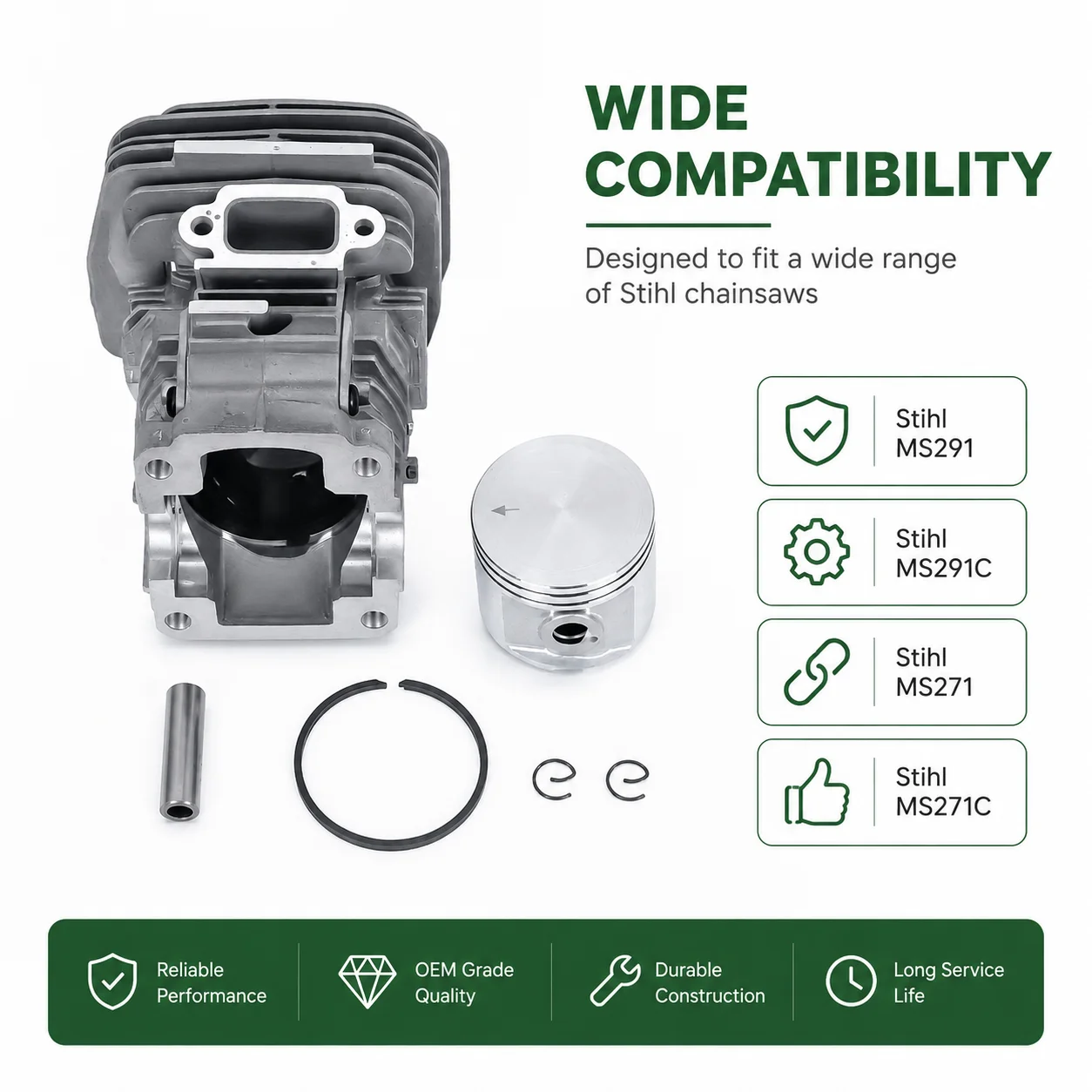 47mm Cylinder Piston Kit For Stihl MS291 MS271 MS291C MS271C Chainsaw, Replaces OEM 1141 020 1201 1141 020 1206, Saw Repair Kit