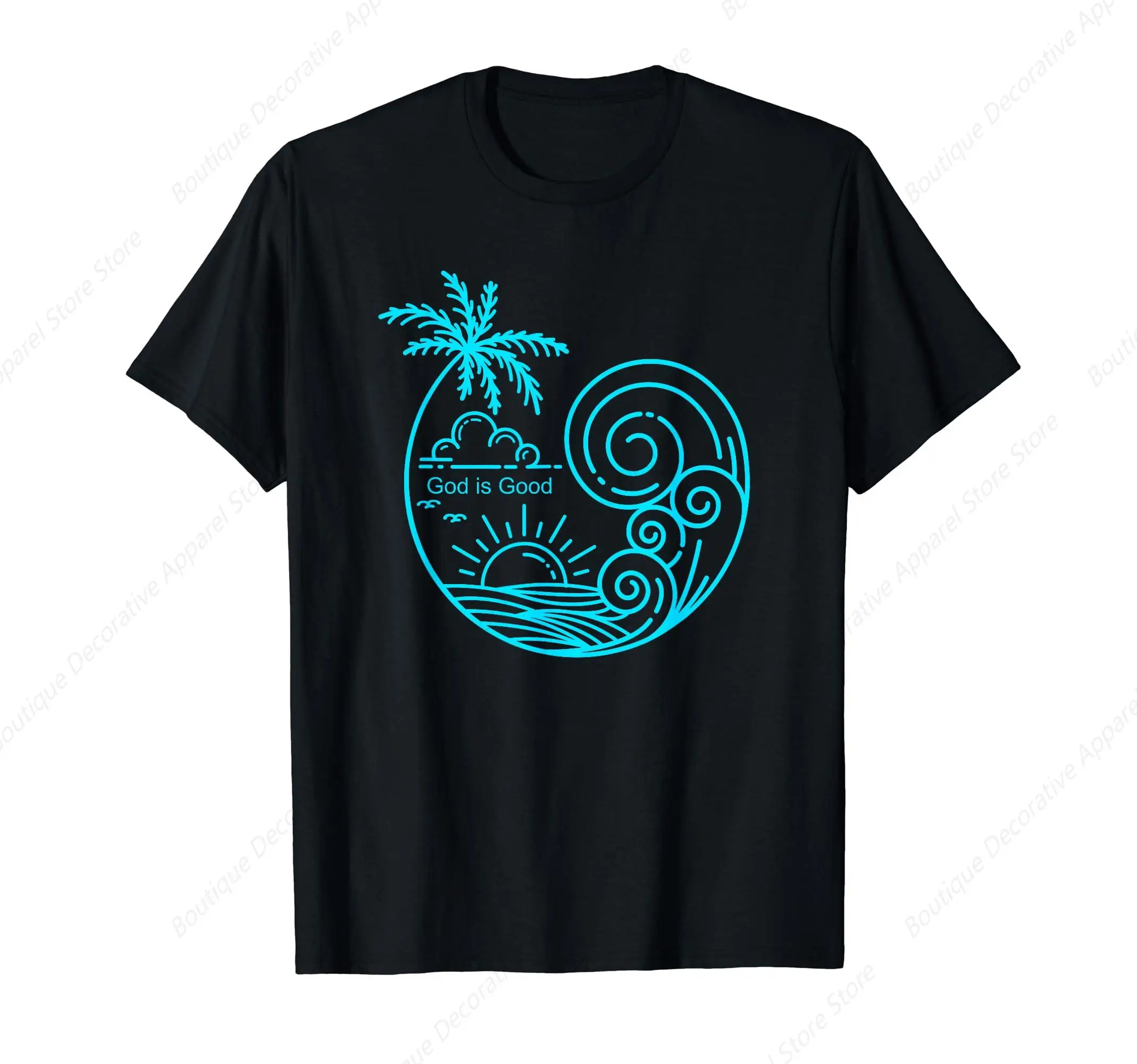 God is Good Aqua Wave Nautical Beach Line Art Graphic Design T-Shirt