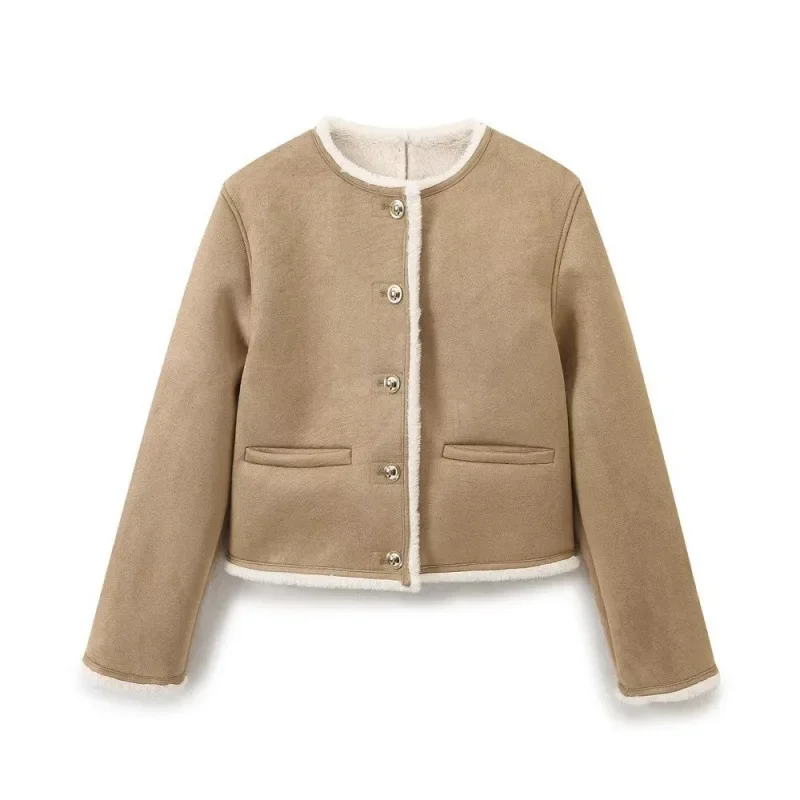 

Long Sleeve Jacket Single Button Design Gold Button Cotton Polyester Blend Winter Hot Sale Of The Season Women's round Neck