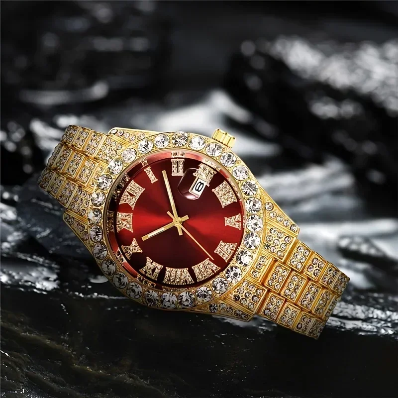 2pcs/set Iced Out Watch Men Luxury Brand Full Artificial Diamond Men\'s Watches Quartz Men\'s Watch Hip Hop Male Clock Gift For