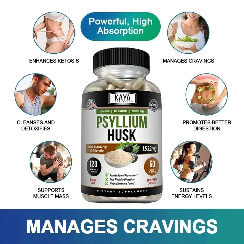 Premium Psyllium Husk 1532mg Capsules - Muscle, Energy, Digestion, Appetite Suppressant, Detox, Vegetarian, Gluten Free, Non-GMO