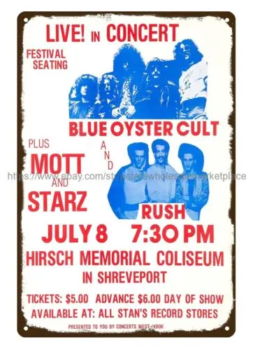 bedroom ideas 1976 Blue Oyster Cult-Rush Hirsch Memorial Concert metal tin sign