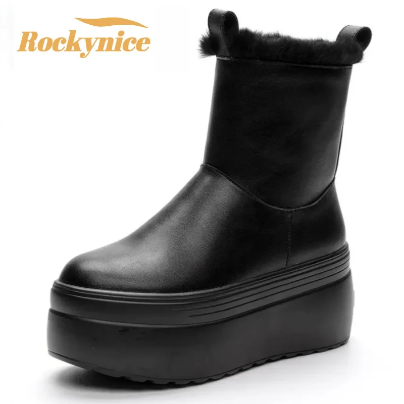 

Winter Snow Boots 2025 Women Thick Sole Short Boots Keep Warm Genuine Leather Motorcycle Booties 8CM High Platform Plush Shoes
