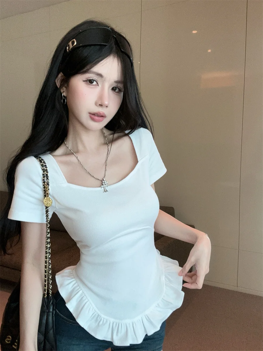 

Elegant Short Sleeve T-Shirt Women's Waist Cinching Shoulder Appropriate Square Collar Versatile Beautiful Top Korean Style S...