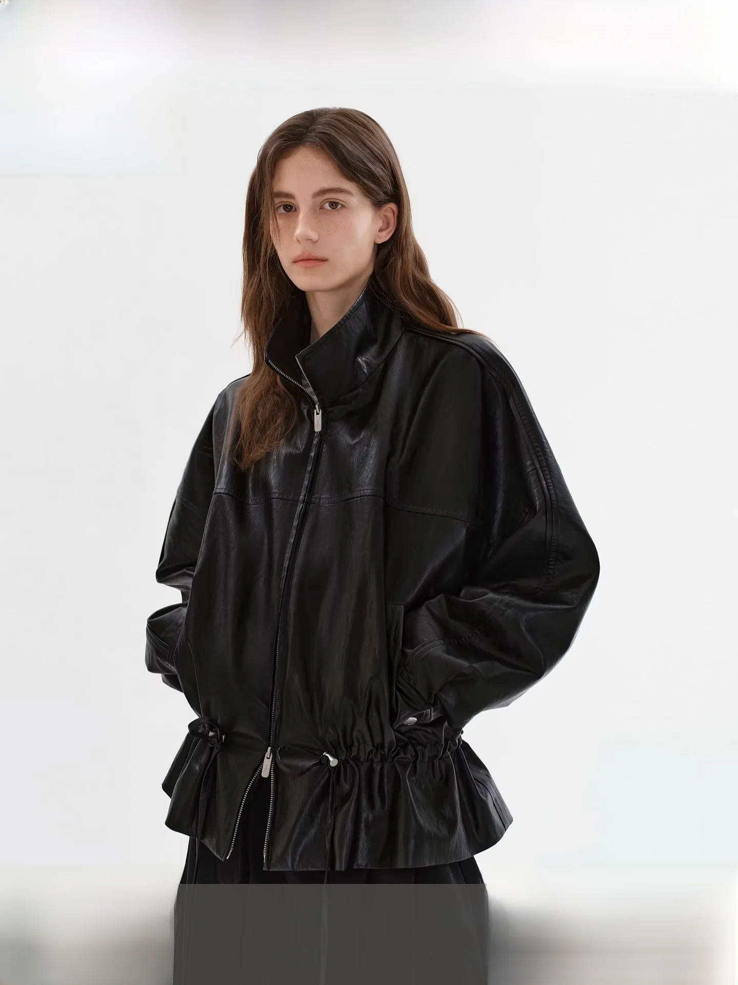 

Fano Women's Short Leather Jacket Drawstring Waist Stand Collar Shoulder Relax Fit Zipper Closure Long Sleeve Casual Coat