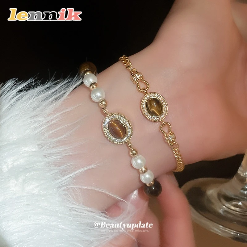 LENNIK Maillard Diamond Set سوار خرز هندسي للنساء، سوار ريترو فرنسي، قبضة عصرية وراقية