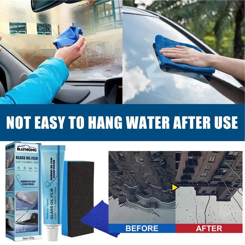 30g Car Glass Oil Film Remover Glass Film Polishing Cleaner Agent Windshield Glass Window Cleaning Liquid with Sponge