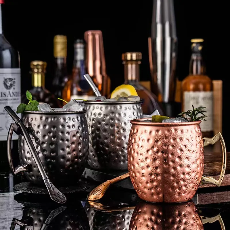 530ml Moscow Mule Mugs Hammered Copper Stainless Steel Cocktail Cup Beer Glasses Beer Mug Drinking Mug for Water Cold Drinks