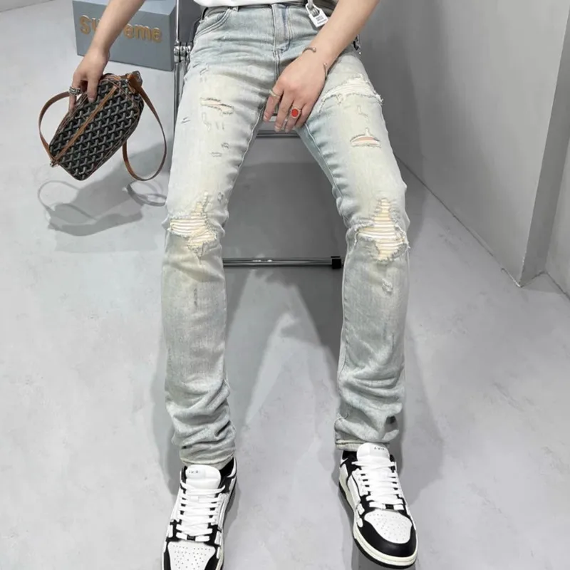 Men's Casual Denim Jeans Ripped HOLE Retro Light Blue Washed Korean Luxury Clothing Slim Spring  Autumn Fashion Stretchy Pants