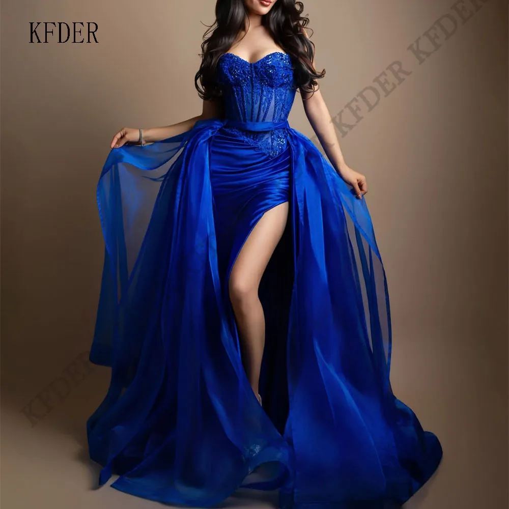 Newest Luxury Lace Applique Long Satin Sweetheart Side Slit Evening Dress Satin Customized Prom Gowns Wedding Party Dresses