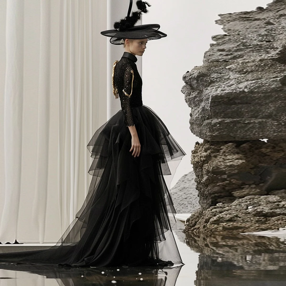 

Black Tulle And Satin Tiered Skirts High Waist A Line Sweep Train Long Skirt Women Formal Wear To Party Only Skirt