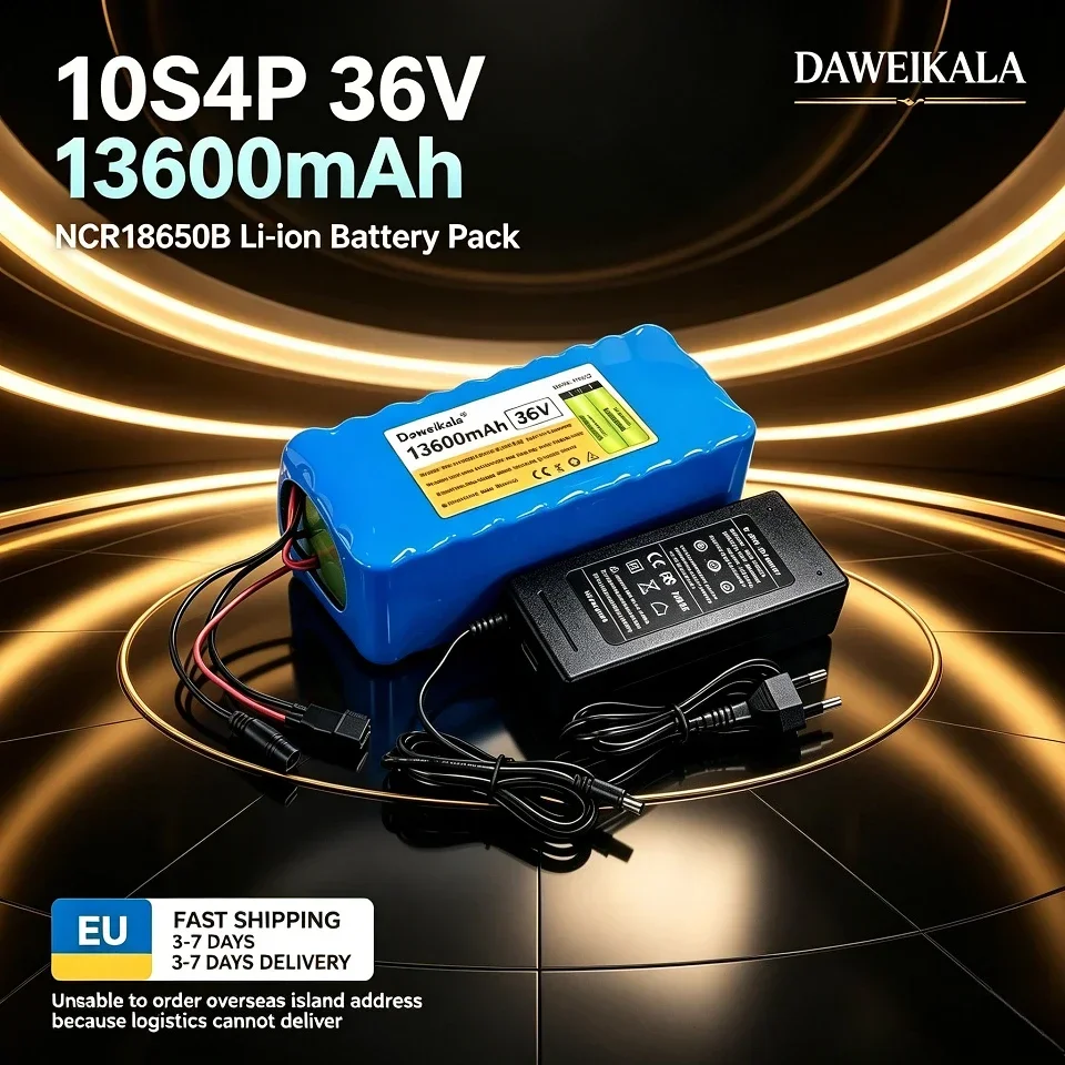 2026 Nuova Batteria al Litio DAWEIKALA ad Alta Capacità 36V 13600mAh 10S4P NCR18650B con Caricabatterie Standard EU, Porte Opzionali XT60/T DC, Protezione da Sovraccarico, Scarica Stabile per