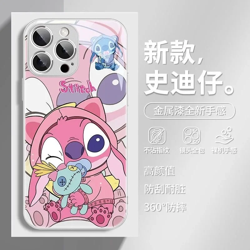 Disneys Couple Angel Stitch Metallic-Color Phone Case For Samsung A 21 22 23 24 30 32 33 34 51 52 53 54 71 72 73 5G Glass Hard