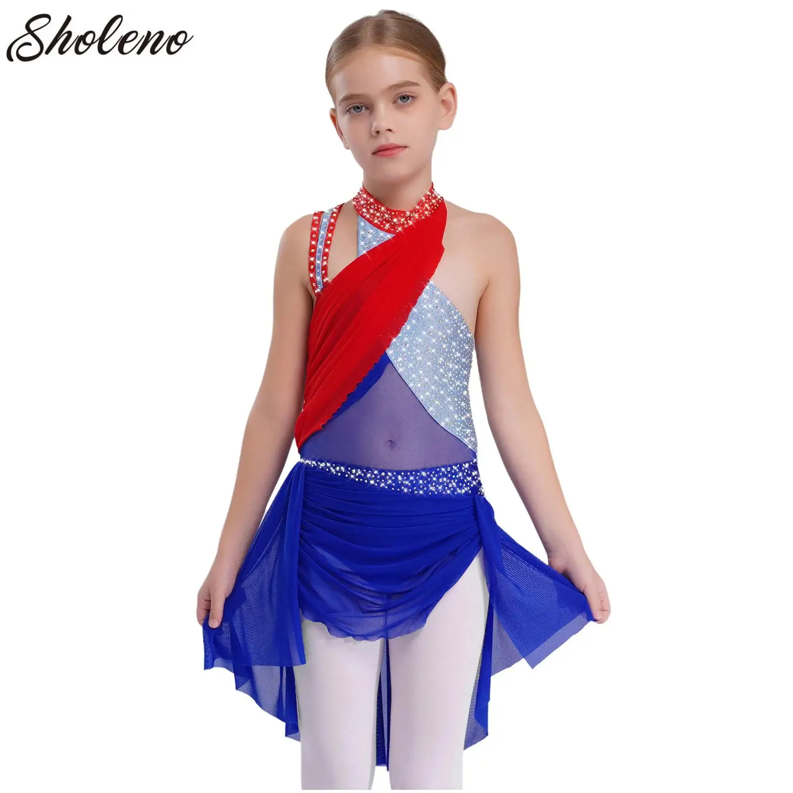 

Teen Girls Ballet Dance Jersey Skirted Leotard Figure Skating Sleeveless Mesh Dress Rhythmic Gymnastics Costume Stage Dancewear
