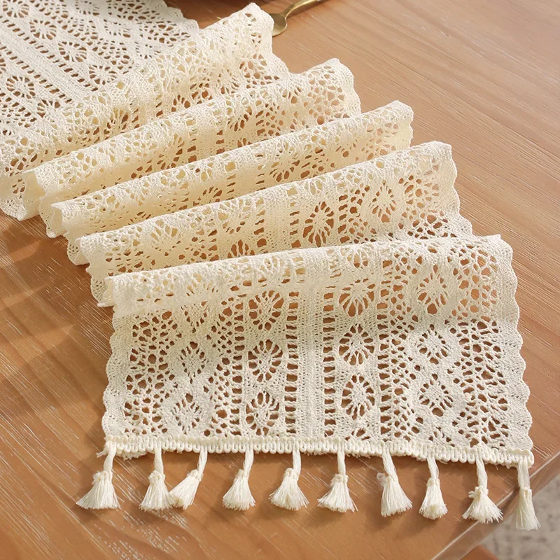 Lace Fringe Table Runner Vintage Pastoral Crochet Hollowed-out Dining Table Wedding Decor Coffee Table TV Cabinet Romantic Decor