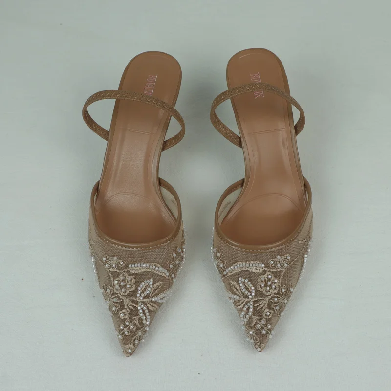 Women's Sandals 2025 Summer Brand Designer Ladies Flower Mesh Open Heel Shoes Sexy High Heel Pointed Toe Stiletto Pumps Mules