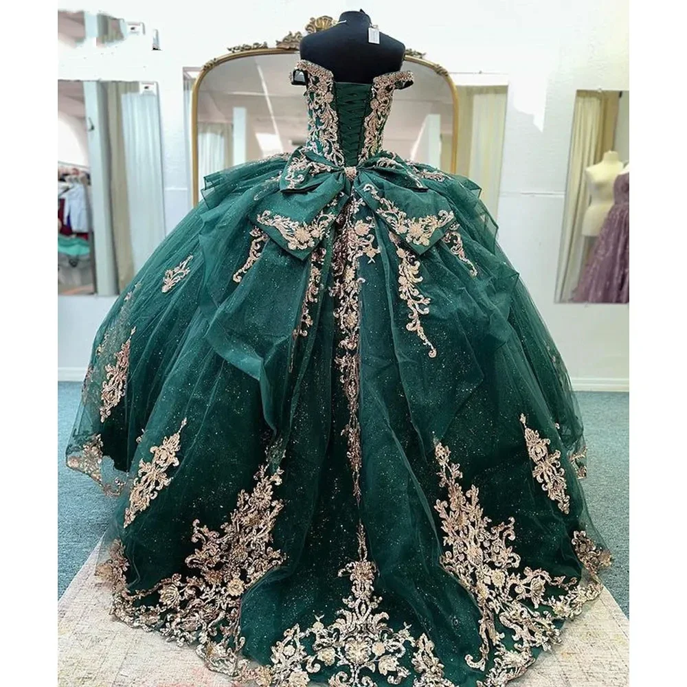 Vestido de quinceañera verde oscuro con lazo, flores 3D, apliques dorados, vestido de fiesta, chaleco brillante con cordones para niñas