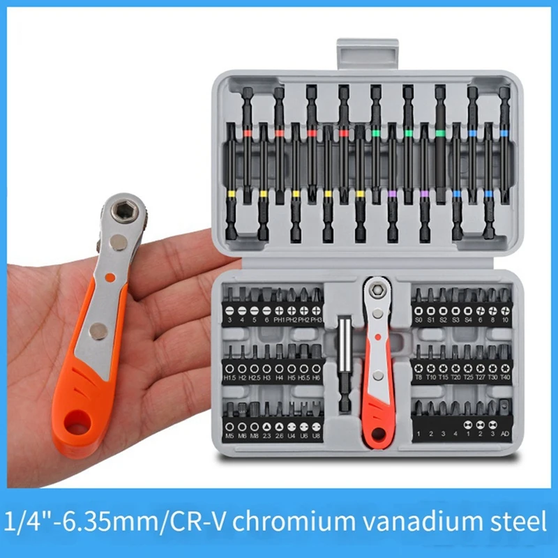 68 Piece Ratchet Screwdriver Bit Combination Set Black & Silver Steel Suitable For Home And Auto Repair.