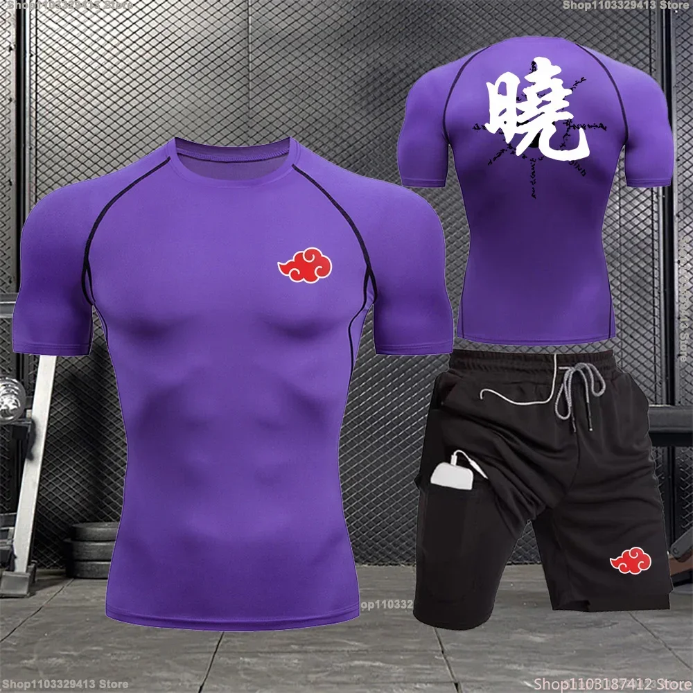 Sportswear de compressão respirável masculino, camiseta apertada, shorts de fitness, desgaste fitness, esportes ao ar livre, treinamento, verão,