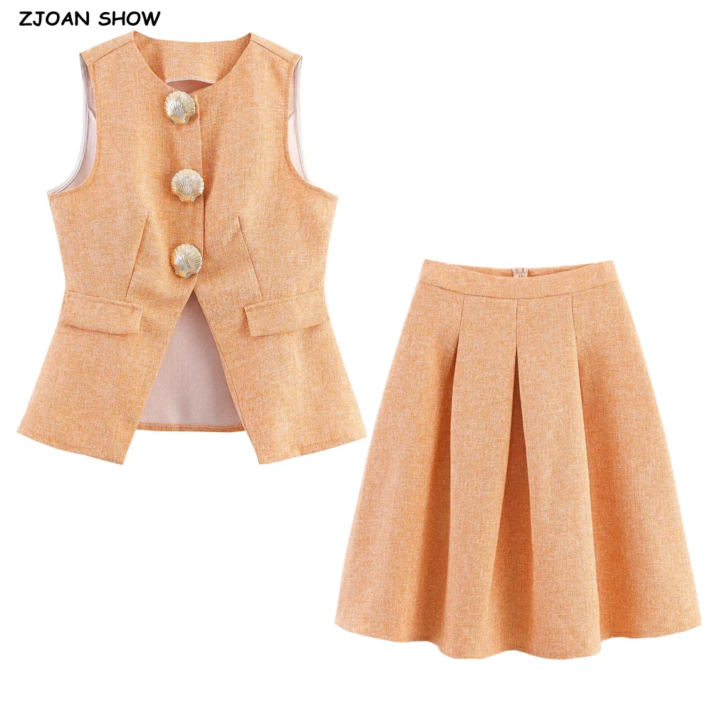 

2 шт., 1 комплект, 2025 ШИКОВЫЙ оранжевый твидовый жилет без рукавов с вырезом по подолу, поясной костюм + боковая молния на талии, плиссированная юбка длиной до колена, костюмы