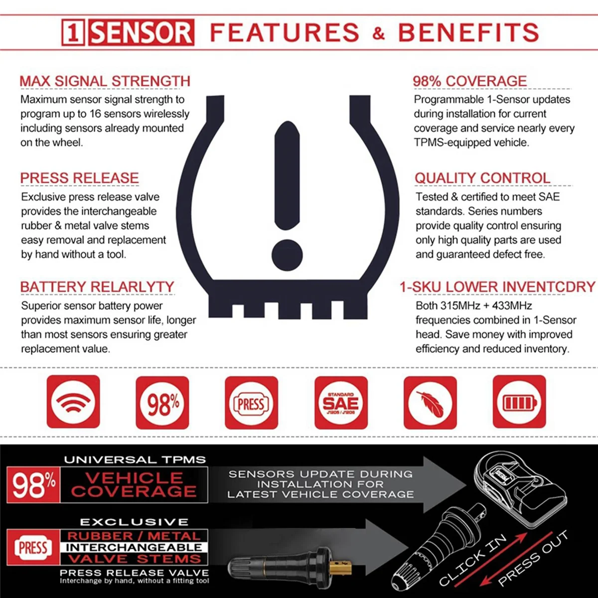 Sensor de pressão programável universal do pneu, sensor MX, sistema do monitor, ferramenta TPMS para AUTEL, 315MHz, 433MHz, 2 em 1