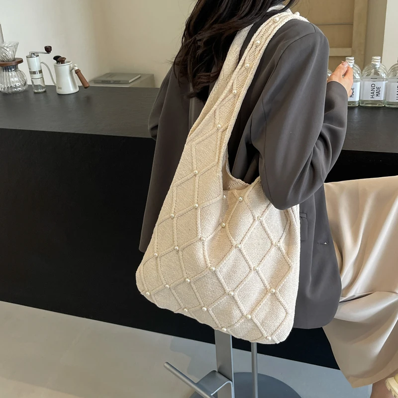 

Pearl Knitted Women's Bag Knit Eco Bag Korean Foldable Shopper Y2K Crochet Rope Shoulder Bag Sweet Knitting Handbag Ins Tote Bag