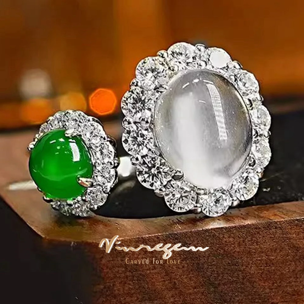 

Vinregem 8*10MM Oval Natural Jade High Carbon Diamond Gemstone Vintage Open Ring for Women 100% 925 Sterling Silver Fine Jewelry