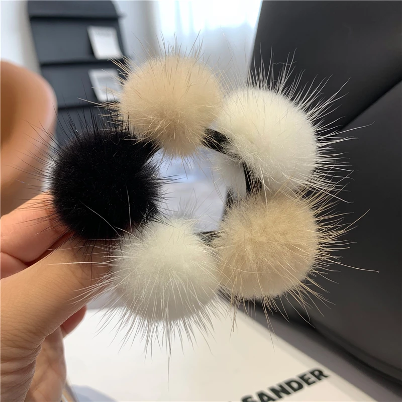 Luxury Real Mink Fur Plush Ball Flowers Women Elastic Rubber Band Hair Rope Patchwork Color Hair Ring Girls Headband Accessories