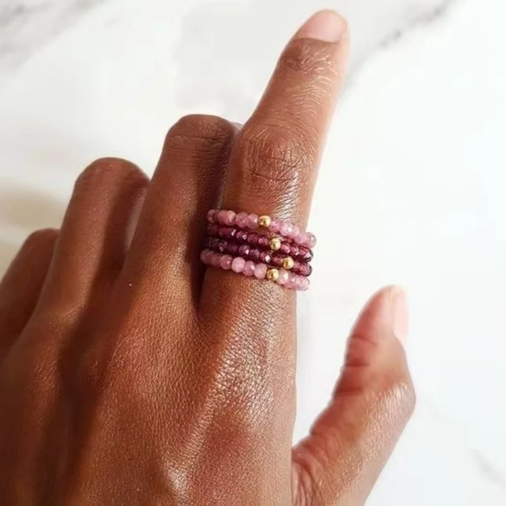 Vlen Verstellbarer Ring für Frauen, natürlicher rosa Turmalin, Granatperlen, elastisch, dehnbar, stapelbar, Boho-Fingerringe, Schmuck, Geschenk – Detail 5