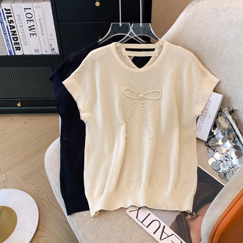 Womens Short Sleeve Textured Tops Crewneck Knit Solid oversized Loose Casual Simple Basic T Shirts Tee Blouses clothing big 2024