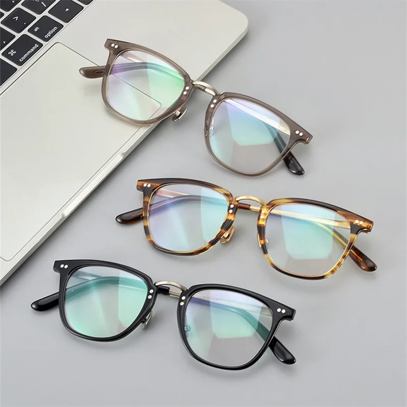 Ultra-light Retro Pure Titanium Square Glasses Frame Japanese Handmade Acetate Eyeglasses Blue Light Spectacles Makeup Eyewear