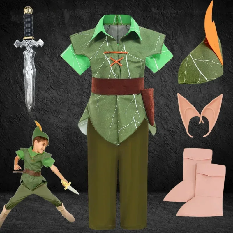 SN60 2023 Halloween Party Children Peter Pan Cosplay Costume Masquerade Boys Elf Green Clothing Set Fancy Fairy Tale Clothes 1&2