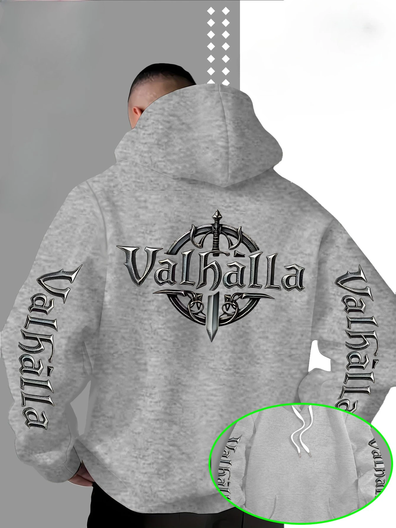 Street-Style locker geschnittener Kapuzenpullover mit Viking-Valhalla-Schwert-Logo-Druck für Männer, geeignet für Herbst und Winter. – Detail 4