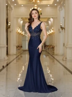 MisShow Mermaid Evening Dress Sexy Illusion Lace Appliques V-Neck Backless Sling Prom Dresses Maxi Train Bride Wedding Gowns - Image 3