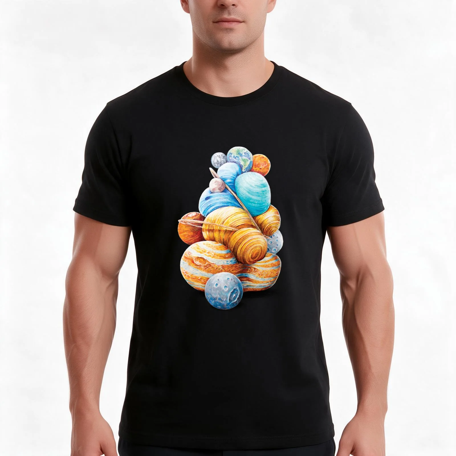 Planetary Pile-Up T-Shirt, Summer Casual Cotton Tee, Oversized Streetwear Tops, Vintage Graphic Print, Loose Fit Short Sleeve
