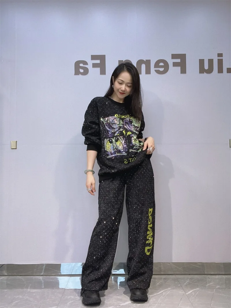Rhinestone O-Neck Pullover Drop Shoulder Sweatshirt Trousers 2 Piece Set Set Women's Casual Long Sleeves Top Straight Pants Suit