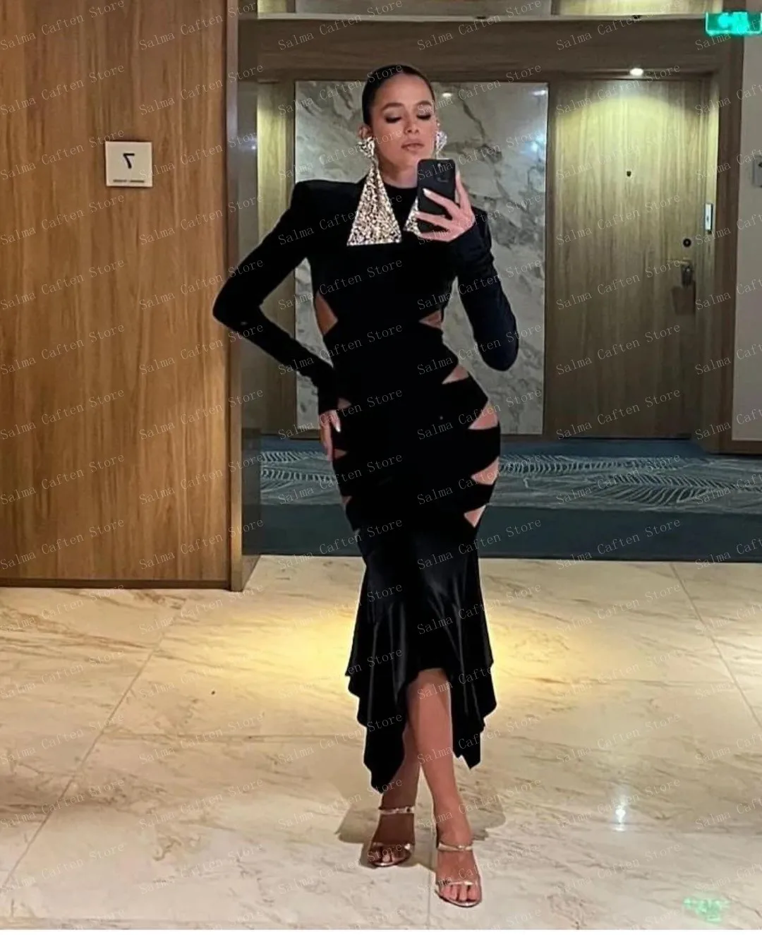 Long Sleeve O-neck Midi Length Black Velvet Bodycon Dress Sexy Cutout Dresses Custom Made Elegant Event Open Back Prom Dress