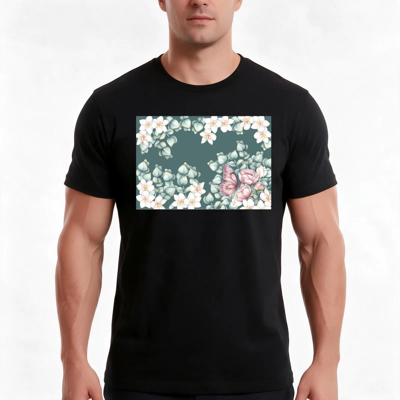 Peonies and Butterfly in Green T-Shirt Summer Casual Cotton Tee Oversized Streetwear Tops Vintage Graphic Print 100% Cotton