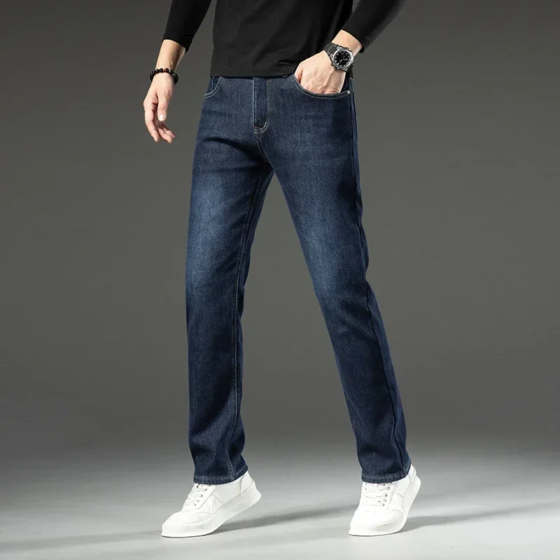 

High Quality Blue Grey Thick Slim Straight Leg Jeans Cargo Pants Men Teachwear Denim Trousers