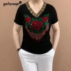 Women's Clothing 2024 Summer Fashion Rhinestone Elegant Short Sleeve Ice Silk T-shirts Ladies Casual V Neck Slim Fit Basic Tops