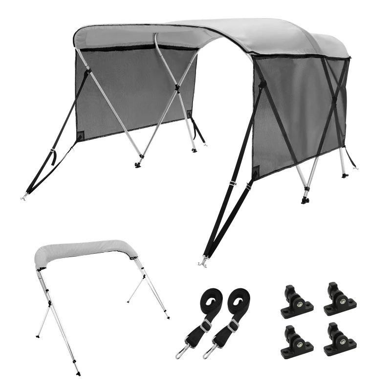 3 Bow Bimini Top Boat Cover, Detachable Mesh Sidewalls, 600D Polyester Canopy with 1