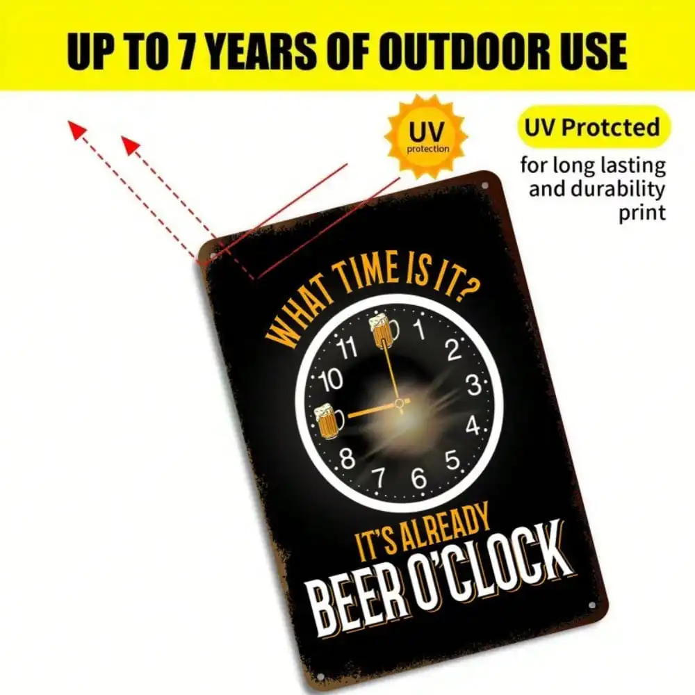 1PC Tin Sign Beer O'Clock - Vintage Bar/Home Pub Decor, Hand-Drawn Clock & Beer Glass, 8x12in/20x30cm