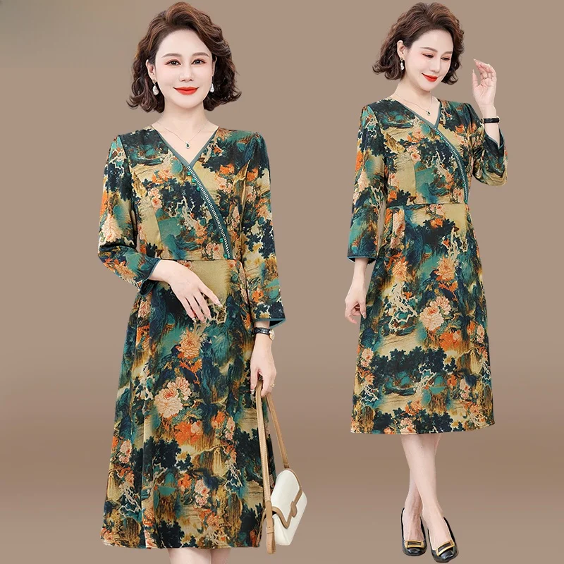 

Autumn Faion Print Long Dr Middle-Aged Women Ele Base Layer Skirt Korean Sle V-Ne Zipper Closure Polyester Fiber