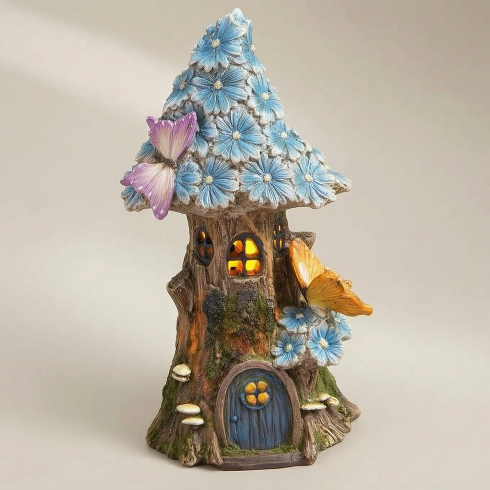 Fairy House with Solar Light Whimsical Tree House Statue Garden Statue with Solar Light Waterproof Yard Ornament Anti-Fading